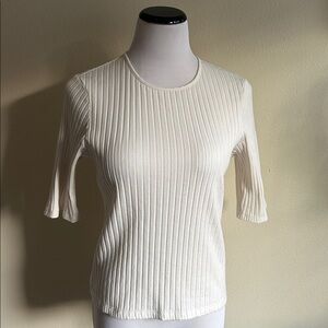 Vince Elbow Length Ribbed Ivory Knit Top